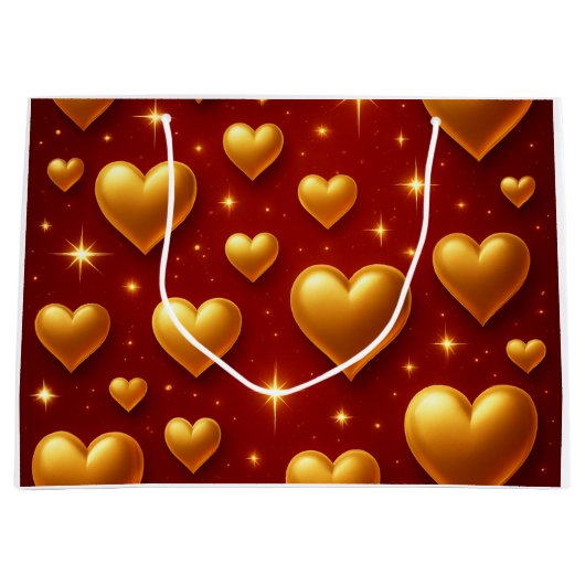 Golden Hearts op rood met sterren Groot Cadeauzakje (Voorkant)