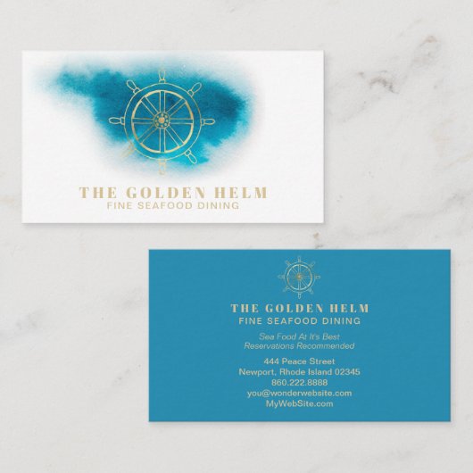 *~* Golden Helm Fine Dining Zee White Blauwgroen B Visitekaartje (Voorkant / Achterkant)