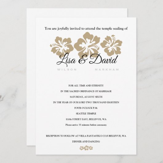 Golden Hibiscus Temple Wedding & Reception Invite Kaart (Voorkant / Achterkant)