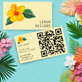 Golden Hibiscus Waterverf Unieke Tropische QR-code Visitekaartje