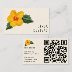 Golden Hibiscus Waterverf Unieke Tropische QR-code Visitekaartje