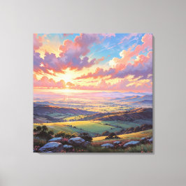 Golden Hills - Vibrant Landscape Illustration Canvas Afdruk