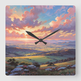 Golden Hills - Vibrant Landscape Illustration Vierkante Klok