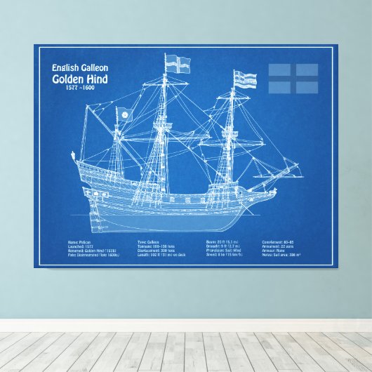 Golden Hind - Schip Blauwdruk Plannen ABD Canvas Afdruk (Insitu (Houten vloer))