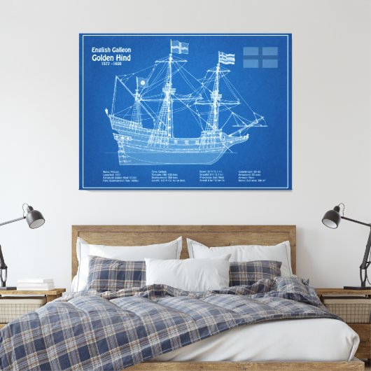 Golden Hind - Schip Blauwdruk Plannen ABD Canvas Afdruk (Insitu (Slaapkamer))