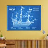 Golden Hind - Schip Blauwdruk Plannen ABD Canvas Afdruk (Insitu (Woonkamer))