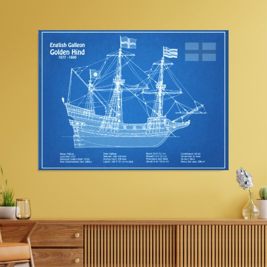 Golden Hind - Schip Blauwdruk Plannen ABD Canvas Afdruk (Insitu (Woonkamer))