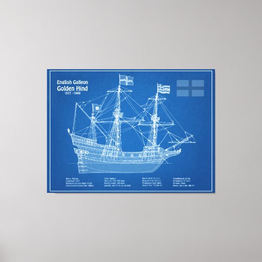 Golden Hind - Schip Blauwdruk Plannen ABD Canvas Afdruk (Voorkant)