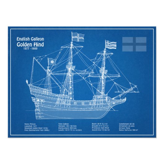 Golden Hind - Schip Blauwdruk Plannen ABD Foto Afdruk (Voorkant)