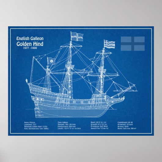 Golden Hind - Schip Blauwdruk Plannen ABD Poster (Voorkant)