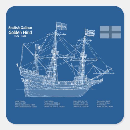 Golden Hind - Schip Blauwdruk Plannen ABD Vierkante Sticker (Voorkant)