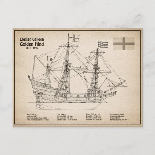 Golden Hind - Schip Blauwdruk Plannen SD Briefkaart (Voorkant)