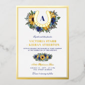 Golden Hoefijzer Blue Sunflower Photo Weddenschap Folie Uitnodiging (Voorkant)