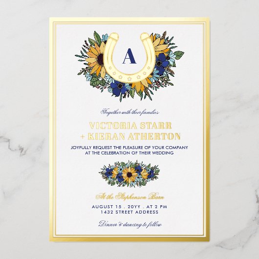 Golden Hoefijzer Blue Sunflower Photo Weddenschap Folie Uitnodiging (Voorkant)