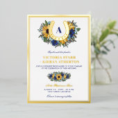 Golden Hoefijzer Blue Sunflower Photo Weddenschap Folie Uitnodiging (Staand Voorkant)