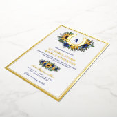 Golden Hoefijzer Blue Sunflower Photo Weddenschap Folie Uitnodiging (Gedraaid)