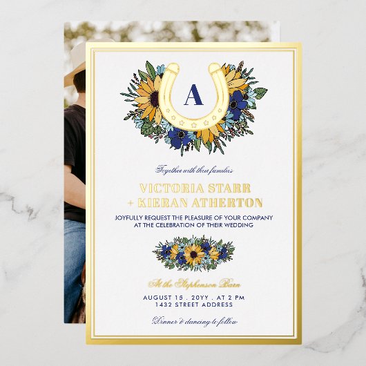 Golden Hoefijzer Blue Sunflower Photo Weddenschap Folie Uitnodiging (Voorkant / Achterkant)