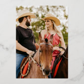 Golden Hoefijzer Blue Sunflower Photo Weddenschap Folie Uitnodiging (Achterkant)