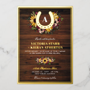 Golden Hoefijzer Monogram zonnebloemen Hout Wedden Folie Uitnodiging