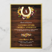 Golden Hoefijzer Monogram zonnebloemen Hout Wedden Folie Uitnodiging (Voorkant)