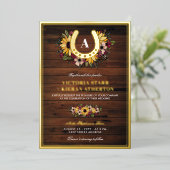 Golden Hoefijzer Monogram zonnebloemen Hout Wedden Folie Uitnodiging (Staand Voorkant)