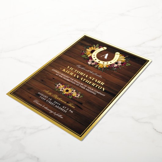 Golden Hoefijzer Monogram zonnebloemen Hout Wedden Folie Uitnodiging (Gedraaid)