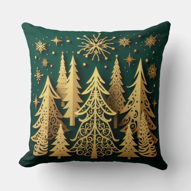 Golden Holiday Forest – Christmas Tree Pattern Kussen (Voorkant)