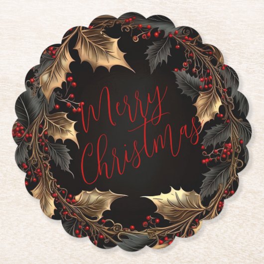 Golden Holly Wreath – Elegant Christmas Kartonnen Onderzetters (Voorkant)