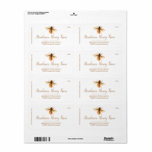 Golden Honey Bee Label (Full Sheet)