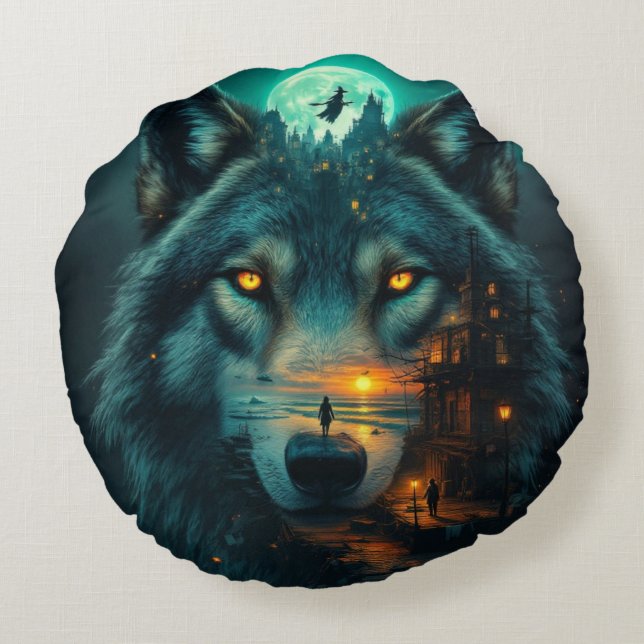 Golden Honey Wings & Wolf Rond Kussen (Achterkant)