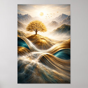 Golden Horizon: Boom van Sereniteit Wandkunst Poster
