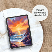 Golden Horizon | Ocean Yellow Sunset Watercolor Poster