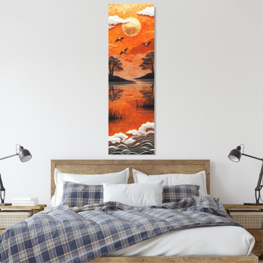 Golden Horizon Serenity Lake & Cranes Canvas Print (Insitu (Slaapkamer))