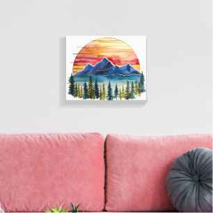 Golden Horizon Waterverf Mountain Sunset Outdoor Canvas Afdruk