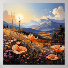 Golden Horizon Wildflower Field en de berg Poster