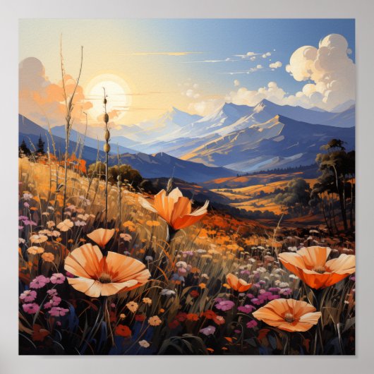 Golden Horizon Wildflower Field en de berg Poster (Voorkant)