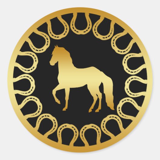 GOLDEN HORSE EN HOEFIJZERS RONDE STICKER (Voorkant)