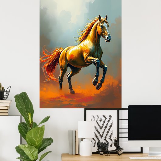 Golden Horse Rears, Flowing Mane, Vibrant Poster (Thuiskantoor)