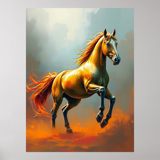 Golden Horse Rears, Flowing Mane, Vibrant Poster (Voorkant)