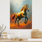 Golden Horse Rears, Flowing Mane, Vibrant Poster (Keuken)