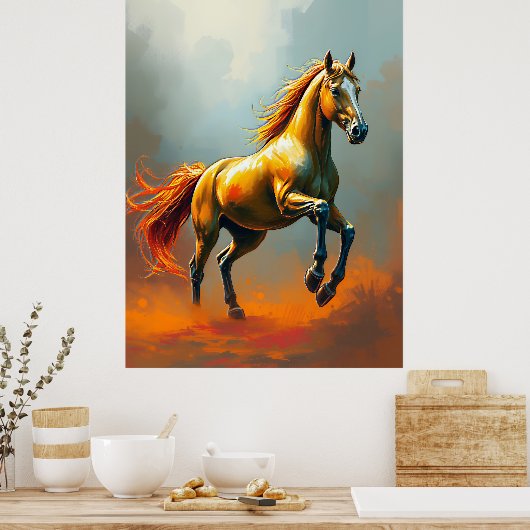 Golden Horse Rears, Flowing Mane, Vibrant Poster (Keuken)