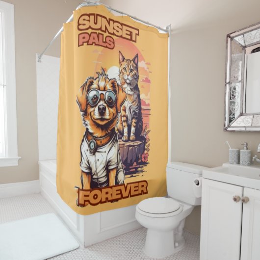 Golden Hour Cartoon Pets Design Douchegordijn (In situ)