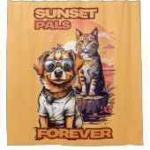 Golden Hour Cartoon Pets Design Douchegordijn (Voorkant)