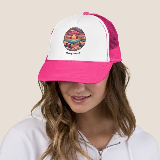 Golden Hour: Chasing Sunset Trucker Hat Hot Pink Trucker Pet (In situ)
