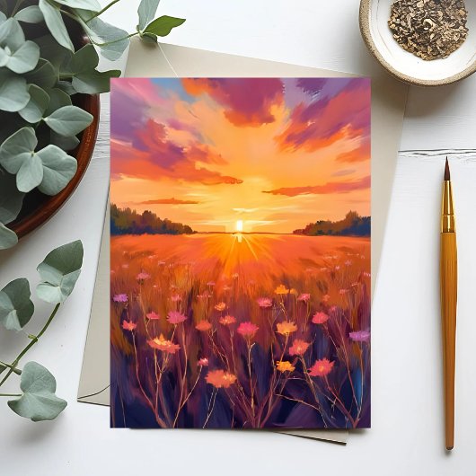 Golden Hour Flower Field Waterverf Sunset Kaart