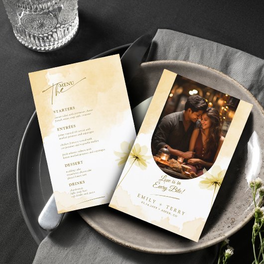 Golden Hour Grace Floral Trouwfoto Menu Kaart
