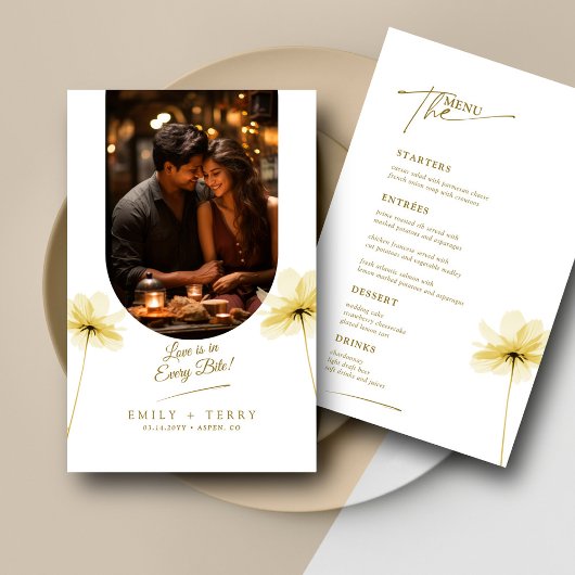 Golden Hour Grace Floral Trouwfoto Menu Kaart