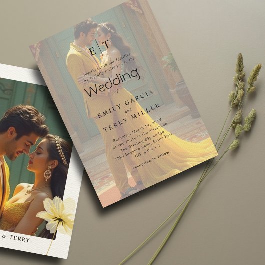 Golden Hour Grace Overlay Foto & Monogram Huwelijk Kaart