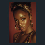 Golden Hour Melanin Beauty Headwrap Portrait Foto Afdruk<br><div class="desc">Golden-hour light bathes rich brown skin in a warm, luminous glow, accentuating sharp cheekbones, glossy lips, and piercing eyes framed by natural lashes. A vibrant red-gold patterned headwrap crowns her head in elegant volume, while large hammered gold hoops add timeless shine against a solid burnt-orange backdrop. The intimate close-up radiates...</div>