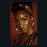 Golden Hour Melanin Beauty Headwrap Portrait Poster<br><div class="desc">Golden-hour light bathes rich brown skin in a warm, luminous glow, accentuating sharp cheekbones, glossy lips, and piercing eyes framed by natural lashes. A vibrant red-gold patterned headwrap crowns her head in elegant volume, while large hammered gold hoops add timeless shine against a solid burnt-orange backdrop. The intimate close-up radiates...</div>